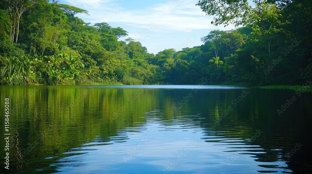 A serene lake reflects the surrounding dense green forest, providing a tranquil and picturesque nature scene A serene lake reflects the surrounding dense green forest, providing a tranquil and picturesque nature scene