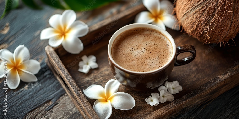 Milk coffee served on a wooden tray alongside plumeria flowers and coconuts creates a cozy atmosphere. This coffee setting invites relaxation, embodying eco life and summer style for a delightful Milk coffee served on a wooden tray alongside plumeria flowers and coconuts creates a cozy atmosphere. This coffee setting invites relaxation, embodying eco life and summer style for a delightful