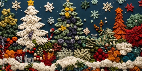 Christmas themed knitted designs showcase an array of snowflakes, natural motifs, various tree types, mistletoe, and vibrant collages with a variety of styles and colorful backdrops. photo