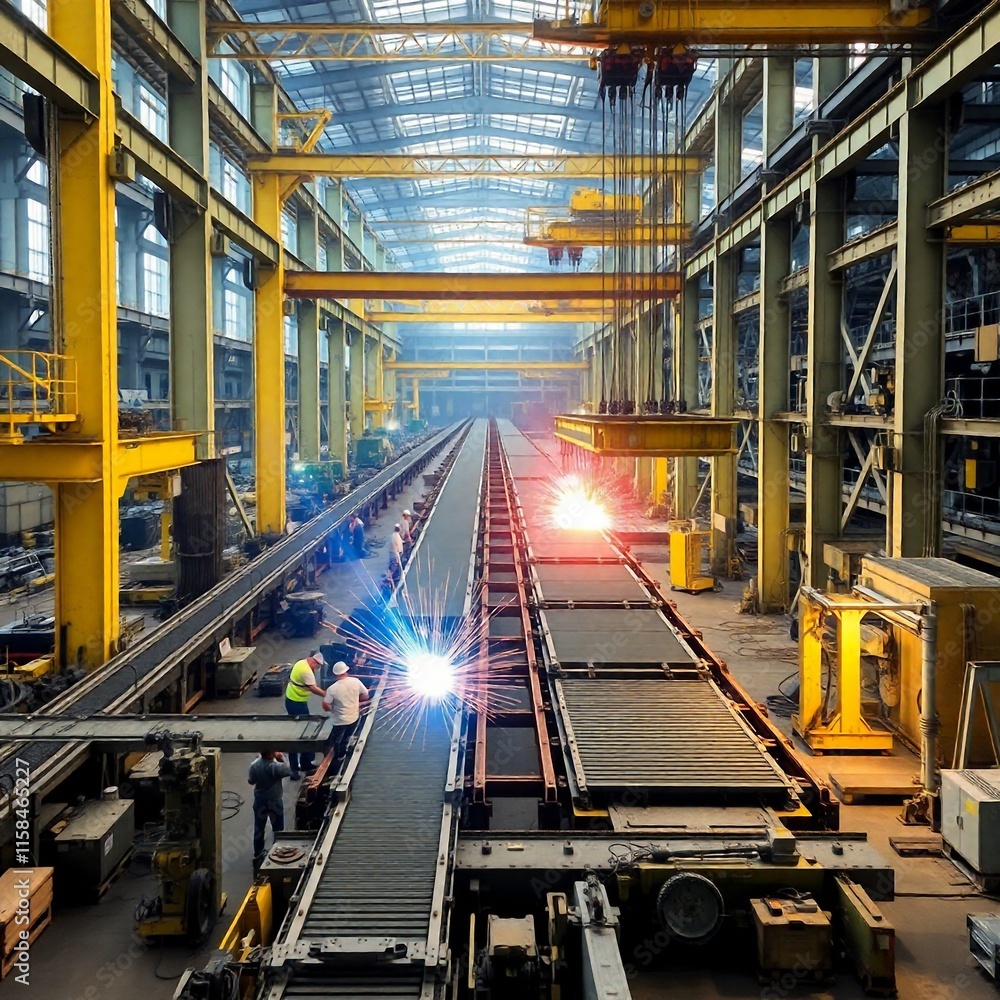 a factory with workers working on steel a factory with workers working on steel