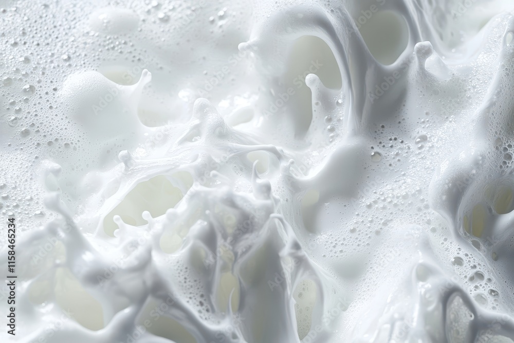 Close-up of creamy white foam texture with bubbles. Ideal for product advertising, showcasing skincare, or illustrating airy, light concepts. Close-up of creamy white foam texture with bubbles. Ideal for product advertising, showcasing skincare, or illustrating airy, light concepts.