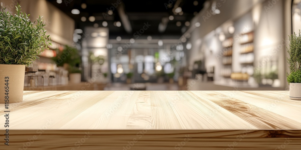 A vacant wooden countertop designed for showcasing products, set against a softly blurred backdrop that enhances focus on the display surface. A vacant wooden countertop designed for showcasing products, set against a softly blurred backdrop that enhances focus on the display surface.