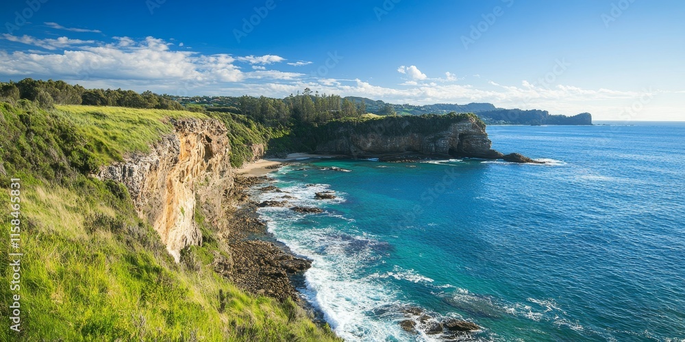 Obraz premium Coastal walk offering stunning views towards the heads, showcasing the natural beauty of the surrounding area, perfect for nature lovers and outdoor enthusiasts on their coastal adventure.