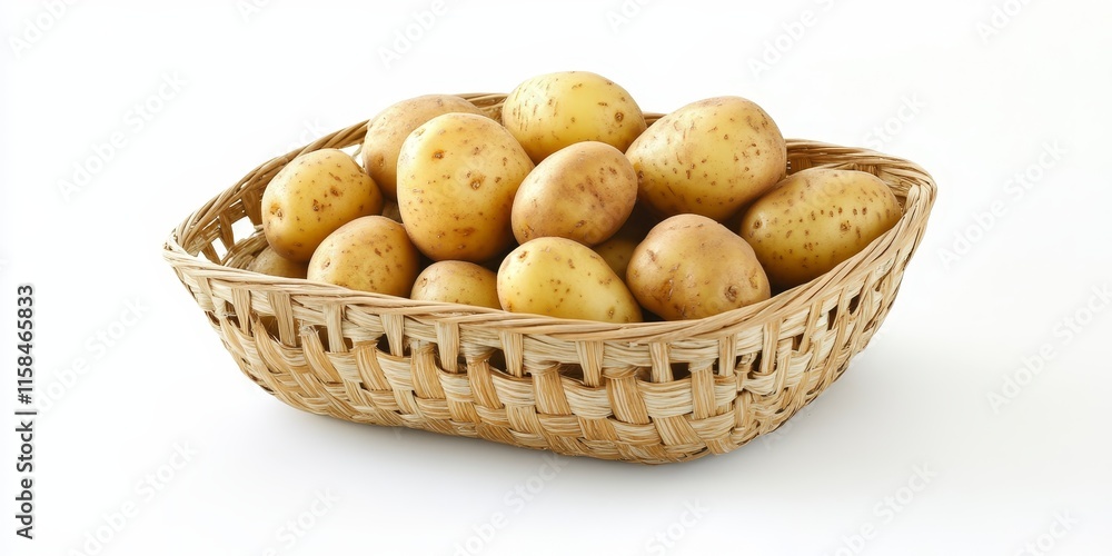 Fresh organic young potatoes displayed in a bamboo wicker basket, showcasing the appeal of raw organic young potatoes on a clean white background. Ideal for highlighting fresh organic young potatoes. Fresh organic young potatoes displayed in a bamboo wicker basket, showcasing the appeal of raw organic young potatoes on a clean white background. Ideal for highlighting fresh organic young potatoes.
