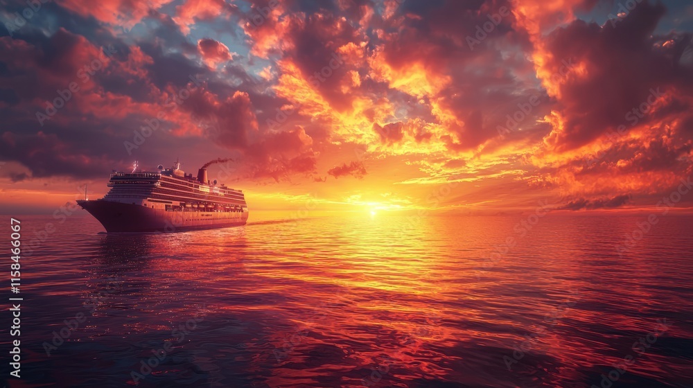 A cruise ship sails into a vibrant sunset over calm waters, creating a serene travel scene. A cruise ship sails into a vibrant sunset over calm waters, creating a serene travel scene.