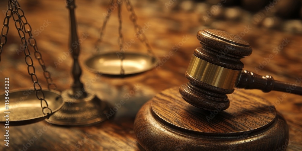 A detailed view of a gavel alongside the scales of justice rests on a wooden surface, highlighting important legal symbols in this close up representation. A detailed view of a gavel alongside the scales of justice rests on a wooden surface, highlighting important legal symbols in this close up representation.