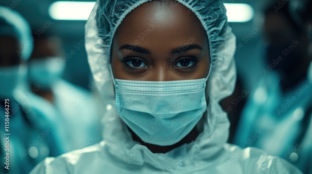 Closeup of an African American female in medical attire, showcasing determination and focus in a healthcare environment Closeup of an African American female in medical attire, showcasing determination and focus in a healthcare environment