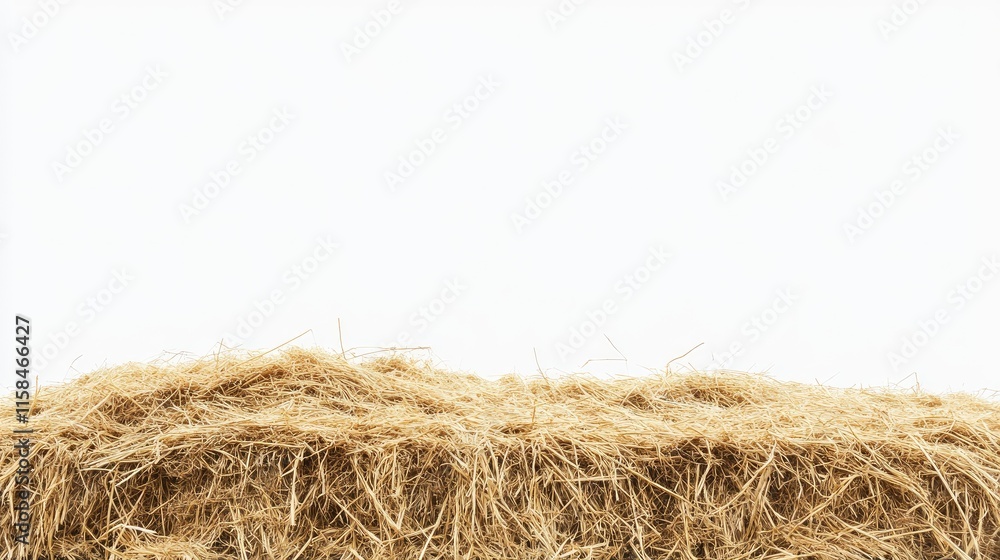 A side shot of a golden hay pile, with natural tones and rustic texture, captured against a clean white background for a minimalist look A side shot of a golden hay pile, with natural tones and rustic texture, captured against a clean white background for a minimalist look