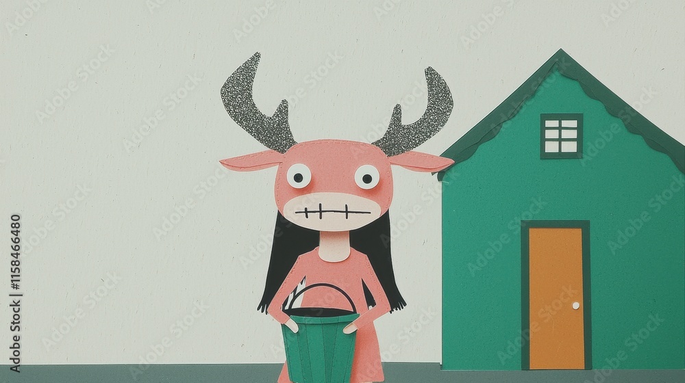 Adorable Little Girl in Pink Monster Outfit Holding Bucket in Charming Animated Scene Adorable Little Girl in Pink Monster Outfit Holding Bucket in Charming Animated Scene
