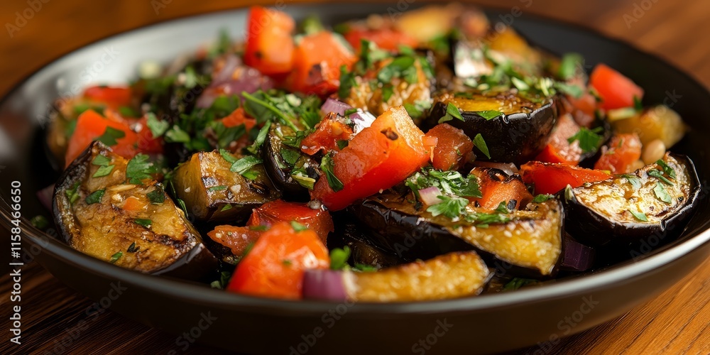 Ajapsandali a flavorful dish featuring a blend of eggplant, tomatoes, bell peppers, onions, garlic, and herbs. This delicious Ajapsandali is enhanced with vegetable oil, salt, and pepper for taste. Ajapsandali a flavorful dish featuring a blend of eggplant, tomatoes, bell peppers, onions, garlic, and herbs. This delicious Ajapsandali is enhanced with vegetable oil, salt, and pepper for taste.