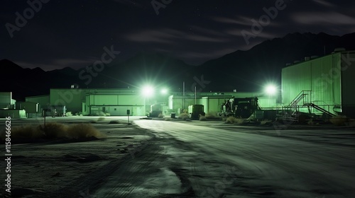Mysterious green glow emanating from the classified Area 51 compound in the Nevada desert under the night sky  Unexplained energy or phenomenon surrounding the top secret military facility