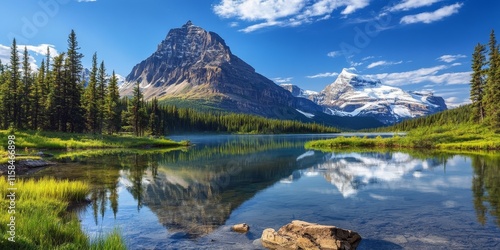 Scenic view of Pinnacle Mountain and Eiffel Peak, showcasing the natural beauty of mountain landscapes near a picturesque lake in the Canadian Rockies, ideal for nature enthusiasts and photographers.