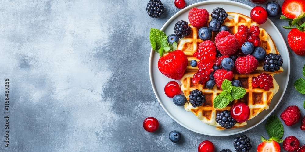 Indulge in delicious fresh baked waffles topped with a variety of berries and fruit, beautifully presented on a concrete background, highlighting the appeal of these delicious waffles. Indulge in delicious fresh baked waffles topped with a variety of berries and fruit, beautifully presented on a concrete background, highlighting the appeal of these delicious waffles.