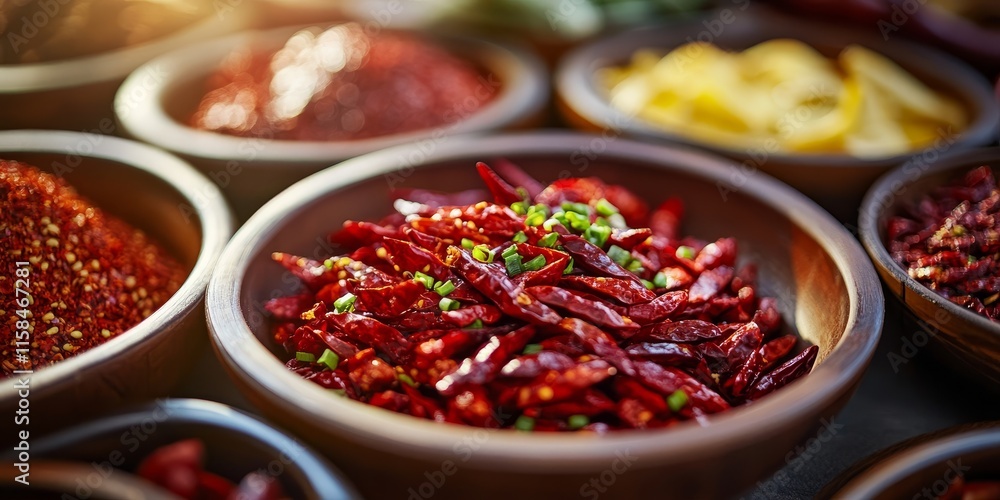 Close up photo showcasing traditional Chinese flavor condiments, with a focus on vibrant chili. This image captures the essence of traditional Chinese flavor condiments, highlighting rich chili tones. Close up photo showcasing traditional Chinese flavor condiments, with a focus on vibrant chili. This image captures the essence of traditional Chinese flavor condiments, highlighting rich chili tones.