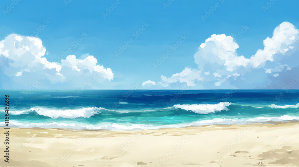 Relaxing beach scene with gentle waves and bright skies tropical paradise digital art Relaxing beach scene with gentle waves and bright skies tropical paradise digital art