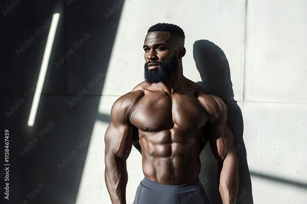 Fototapeta premium Bodybuilder posing confidently in a gym, showcasing a perfectly sculpted physique with defined abs and impressive biceps, illuminated by a dramatic ray of light