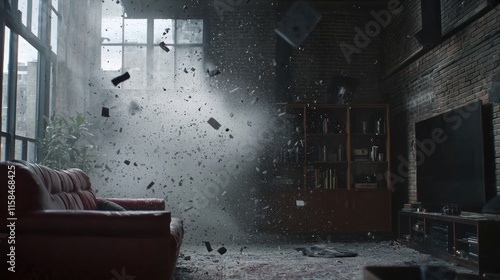 Wallpaper Mural A dramatic scene of a living room with debris suspended in the air, suggesting chaos. Torontodigital.ca