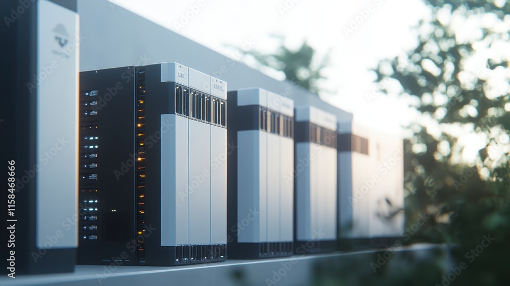 Fototapeta premium A row of modern servers with illuminated indicators, set against a blurred background of greenery and natural light.