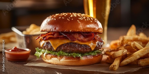 Wallpaper Mural Delicious bacon cheeseburger featuring a toasted pretzel bun, accompanied by crispy fries and a chilled beer. This bacon cheeseburger is captured in selective focus for enhanced appeal. Torontodigital.ca