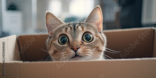 Playful cat exploring a cardboard box, showcasing the joy and curiosity of a cat as it interacts with a cardboard box, highlighting the fun and entertainment of a cat s playful nature. photo