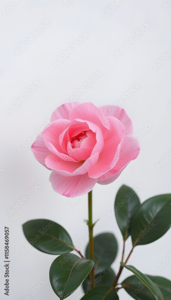 The beauty of a blooming camellia, with its soft pink hues standing out against the simplicity of a white wall, isometry