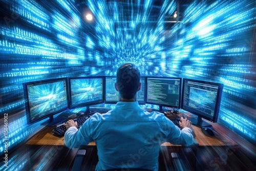 A man sits at a desk, engaged with several computer screens displaying code and data, immersed in his work at night