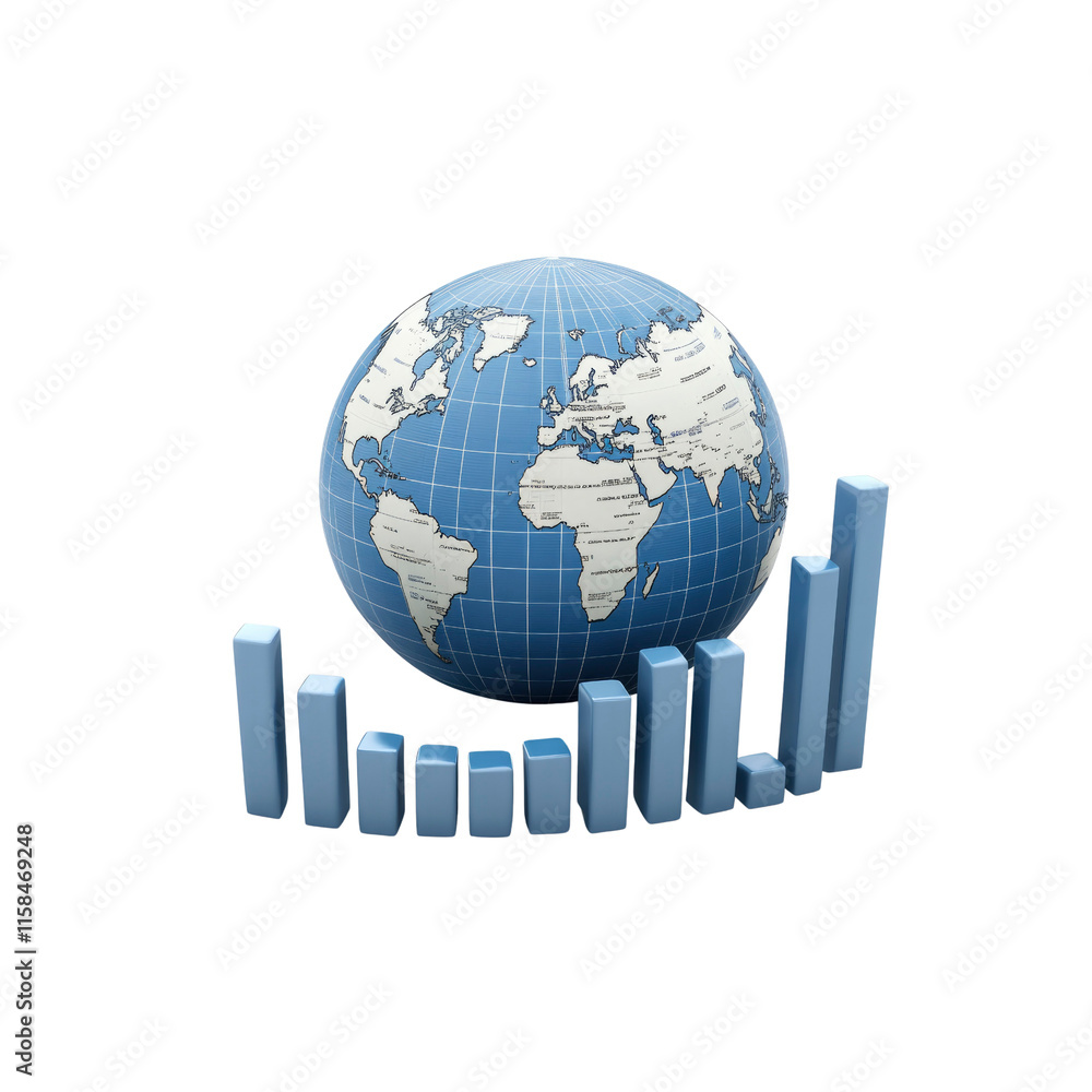 Global Growth and Market Trends 3D Render of Earth with Rising Bar Graph Global Growth and Market Trends 3D Render of Earth with Rising Bar Graph