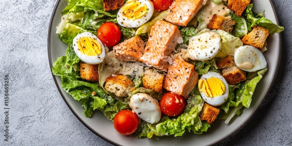 Salmon Caesar salad featuring fresh vegetables and croutons, with tender salmon, parmesan cheese, quail eggs, crispy lettuce, and juicy tomatoes. Vertical orientation, top view of this delicious dish. Salmon Caesar salad featuring fresh vegetables and croutons, with tender salmon, parmesan cheese, quail eggs, crispy lettuce, and juicy tomatoes. Vertical orientation, top view of this delicious dish.