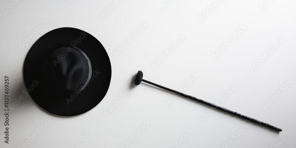 Black hat alongside a magic wand placed against a white background, creating a captivating scene featuring the black hat and magic wand with a sense of mystery and enchantment. Black hat alongside a magic wand placed against a white background, creating a captivating scene featuring the black hat and magic wand with a sense of mystery and enchantment.