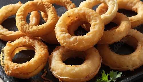 Close-up of golden-brown, crispy onion rings piled on a dark surface, garnished with a sprig of parsley. photo