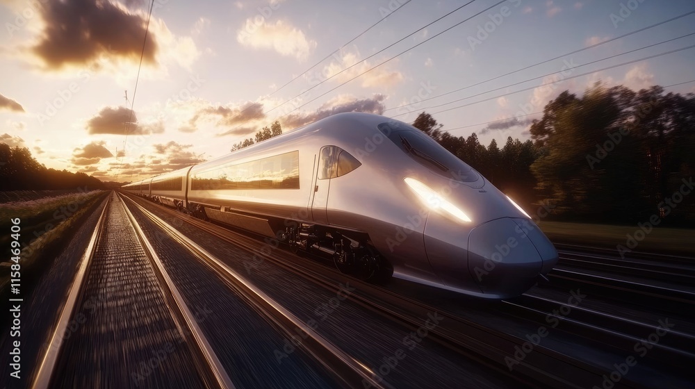 Naklejka premium A sleek high-speed train speeding along the railway tracks, with a beautiful sunset sky and forest in the background, evoking motion and natural beauty