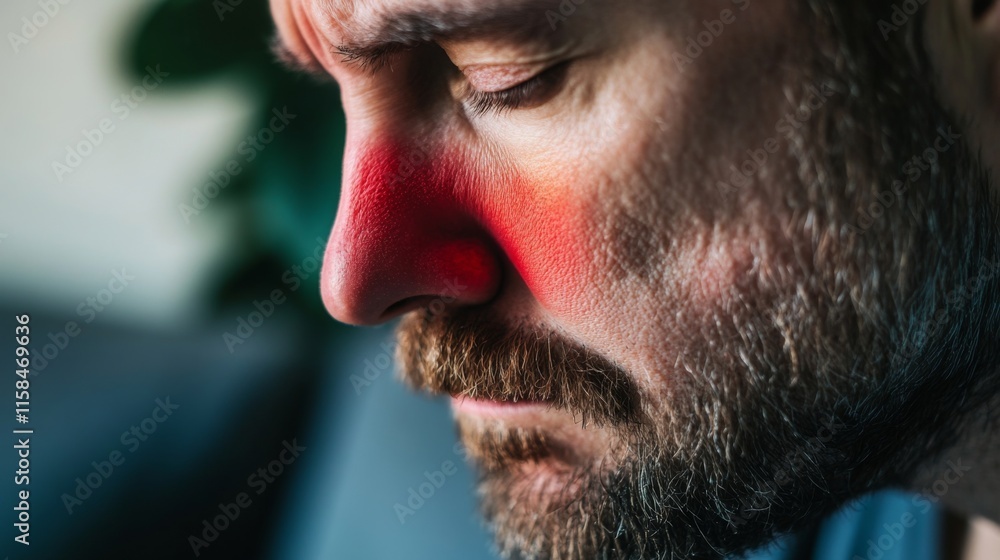 Obraz premium Close up of red irritated nose, emphasizing the discomfort and struggle of allergies or cold symptoms, highlighting the human vulnerability and resilience in the face of common ailments.
