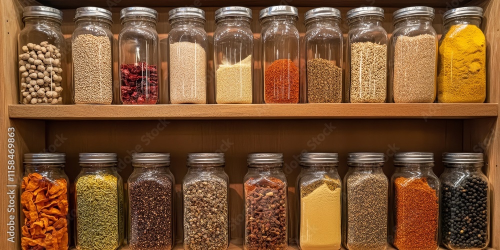 A variety of dry seasonings for a spicy pantry are neatly arranged on organized shelves for easy access and usage in cooking. A variety of dry seasonings for a spicy pantry are neatly arranged on organized shelves for easy access and usage in cooking.