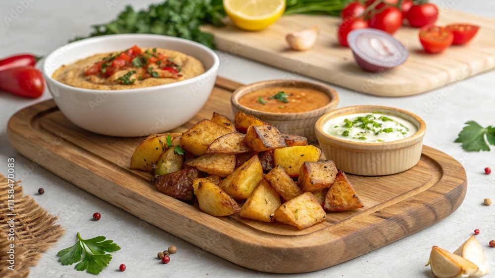 Savory batata harra served on a rustic wooden board with dips and fresh ingredients in a vibrant kitchen setting Savory batata harra served on a rustic wooden board with dips and fresh ingredients in a vibrant kitchen setting