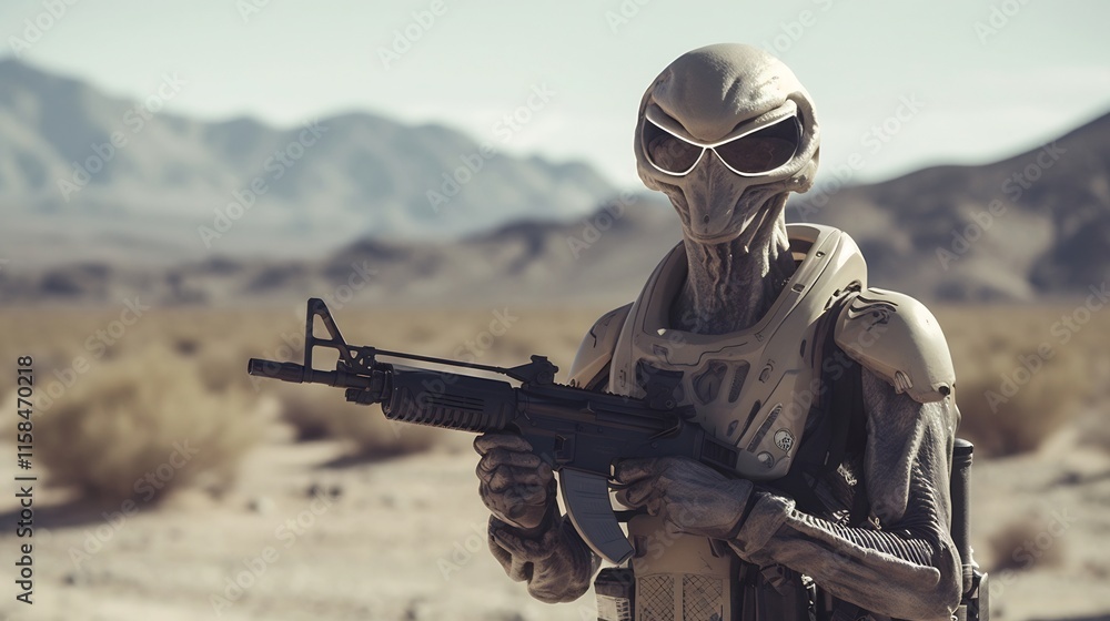 A military soldier standing guard with a rifle at the edge of the mysterious and highly secured Area 51 facility keeping a watchful eye over the desert landscape and the sky beyond A military soldier standing guard with a rifle at the edge of the mysterious and highly secured Area 51 facility keeping a watchful eye over the desert landscape and the sky beyond