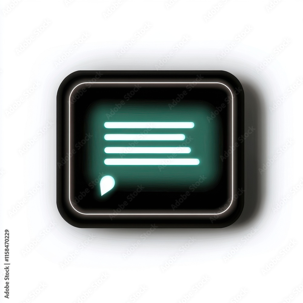 Stylized black message icon featuring illuminated text lines on a glowing background. Stylized black message icon featuring illuminated text lines on a glowing background.