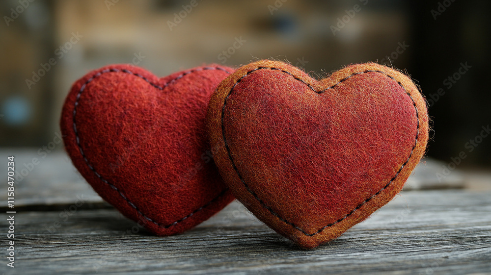 Red felt heart. Two red felt hearts on a wooden background.