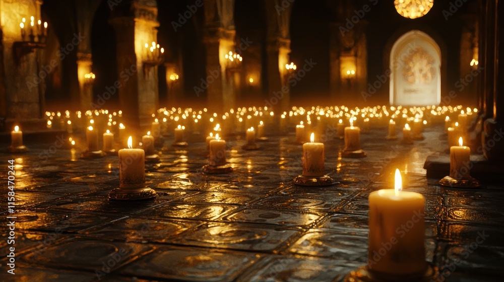 A dimly lit room filled with numerous flickering candles, creating a serene atmosphere. A dimly lit room filled with numerous flickering candles, creating a serene atmosphere.