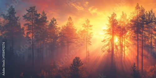 Majestic sunrise illuminates a misty forest, creating a panoramic view filled with light rays and lens flare effect. Experience the breathtaking beauty of the forest at dawn with this majestic scene. photo