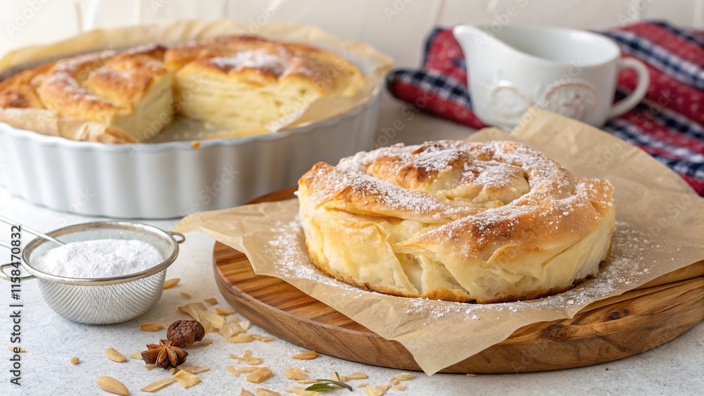 Deliciously fluffy pastry rolls in a rustic kitchen setting surrounded by baking ingredients Deliciously fluffy pastry rolls in a rustic kitchen setting surrounded by baking ingredients