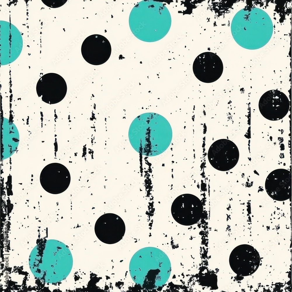 An abstract pattern featuring large black and teal circles on a textured cream background. An abstract pattern featuring large black and teal circles on a textured cream background.