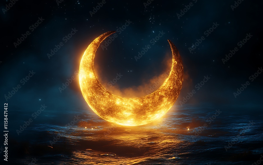 Fiery crescent moon over dark water. Fiery crescent moon over dark water.