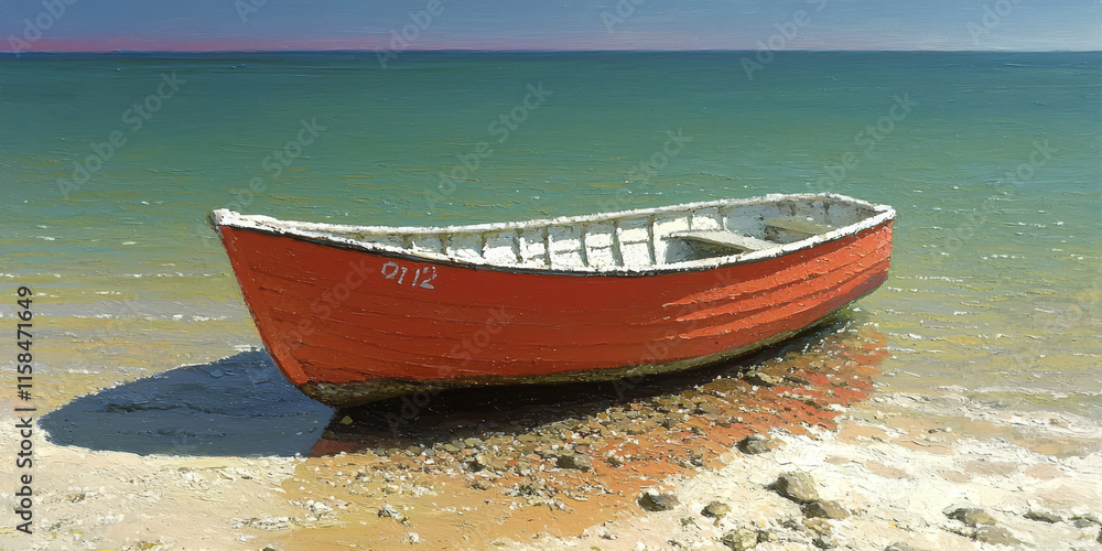 Red Wooden Boat on Shoreline with Calm Water Red Wooden Boat on Shoreline with Calm Water