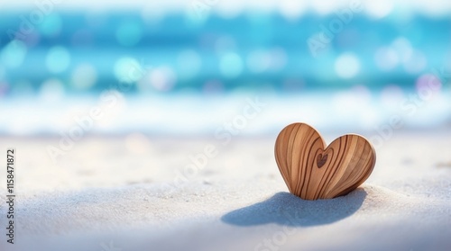 A wooden Heart-shaped on a wooden table with a tropical beach scene in the background. Perfect for Valentine's Day. photo