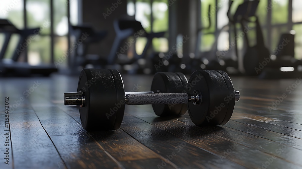 3D rendering of dumbbells on the floor in a gym with workout machines and equipment visible in the background 3D rendering of dumbbells on the floor in a gym with workout machines and equipment visible in the background