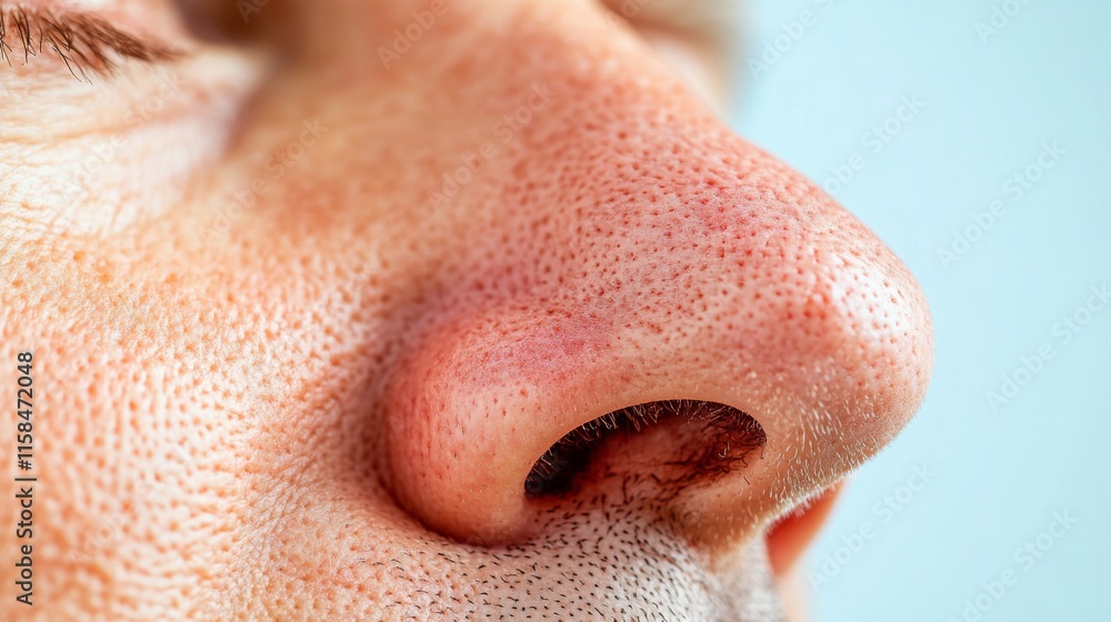 Naklejka premium Close up of red irritated nose, emphasizing the discomfort and struggle of allergies or cold symptoms, highlighting the human vulnerability and resilience in the face of common ailments.