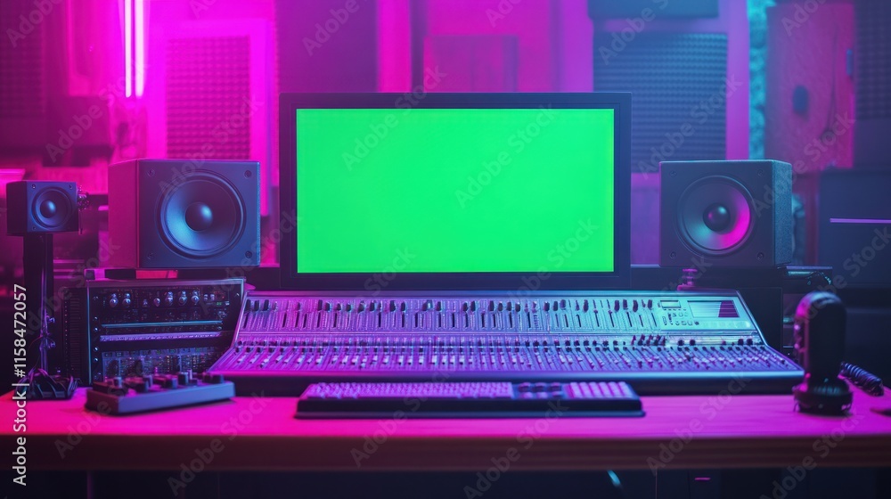 Modern Music Record Studio Control Desk with green screen and professional recording equipment Modern Music Record Studio Control Desk with green screen and professional recording equipment