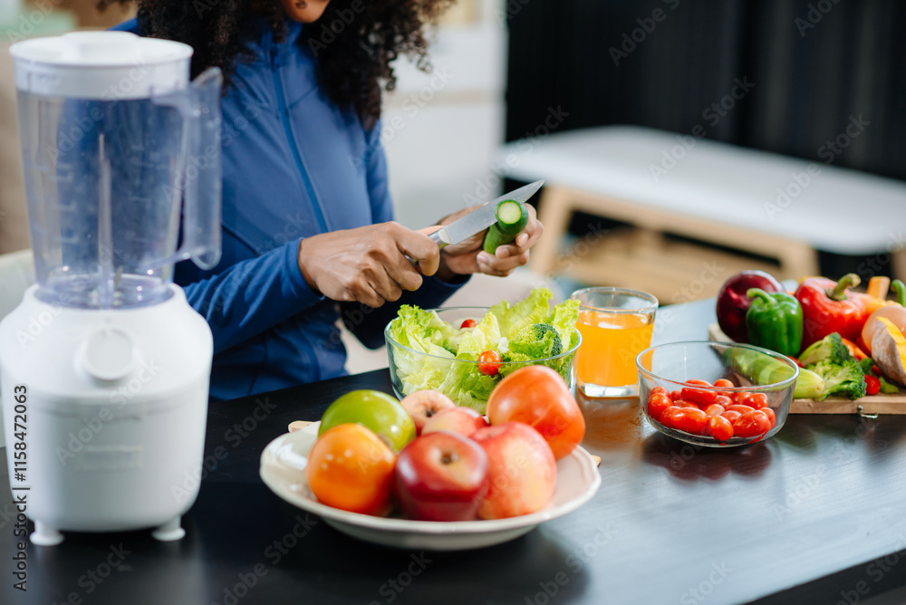 Healthy cooking, featuring fresh fruits, vegetables, and a blender. Perfect for themes of nutrition, wellness