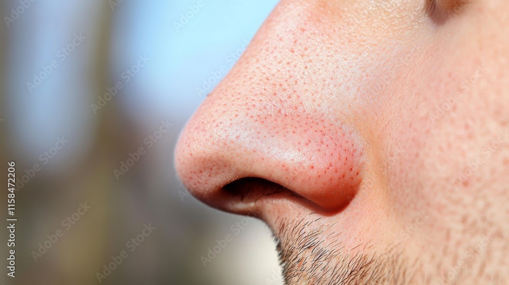 Close up of red irritated nose, emphasizing the discomfort and struggle of allergies or cold symptoms, highlighting the human vulnerability and resilience in the face of common ailments. Close up of red irritated nose, emphasizing the discomfort and struggle of allergies or cold symptoms, highlighting the human vulnerability and resilience in the face of common ailments.