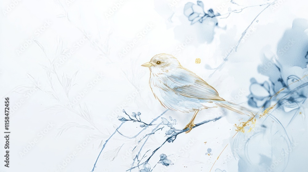 A delicate illustration of a bird perched on a branch, surrounded by soft floral elements. A delicate illustration of a bird perched on a branch, surrounded by soft floral elements.
